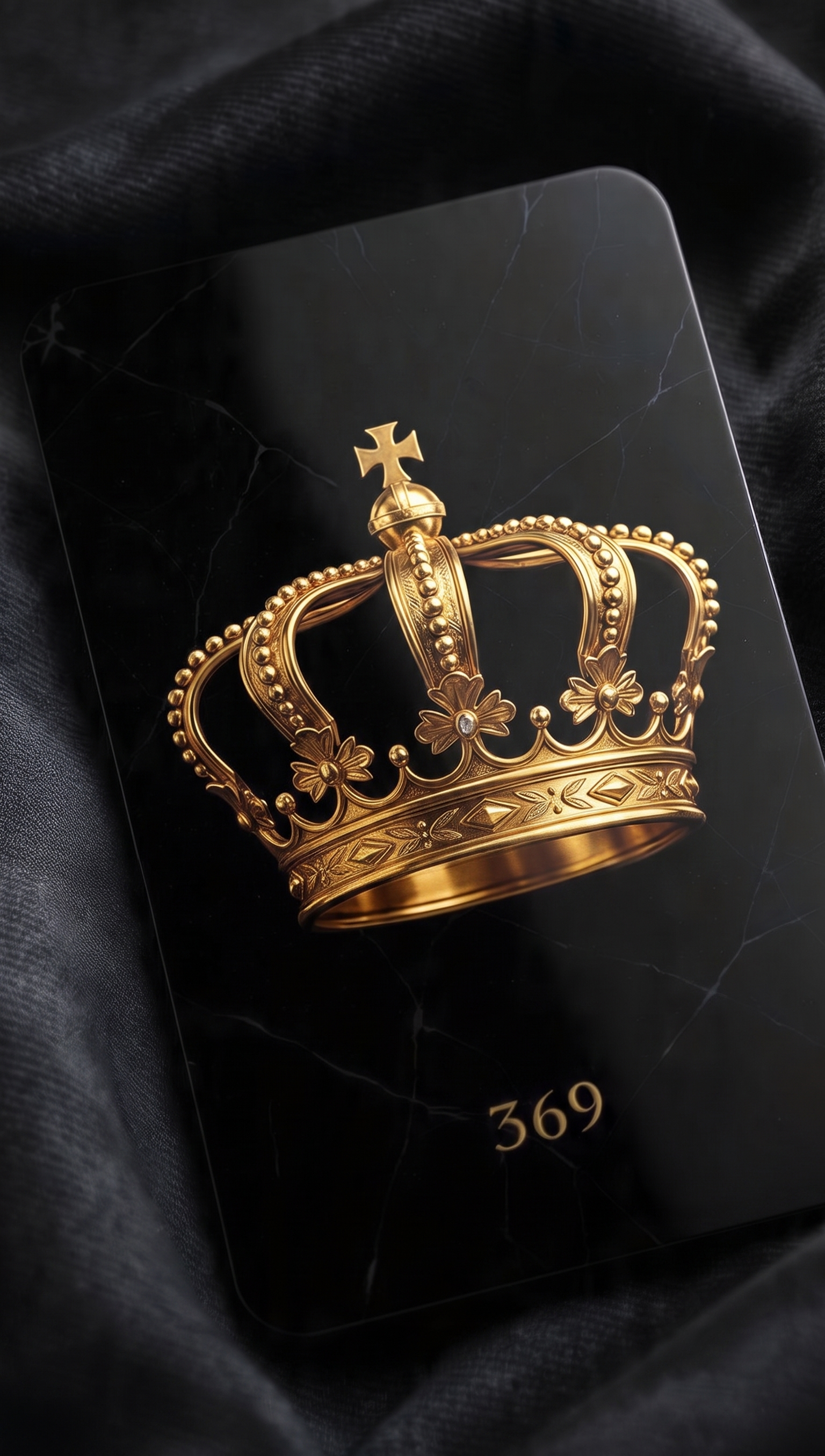 Black marble card with a gold crown, the signature Nader Ali Jezzini and the number 369.